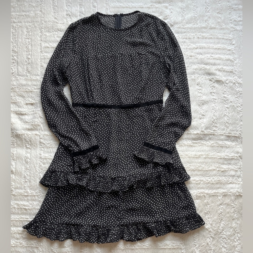 Lulus “Floral to See Black Polka Dot Long Sleeve Mini Dress”